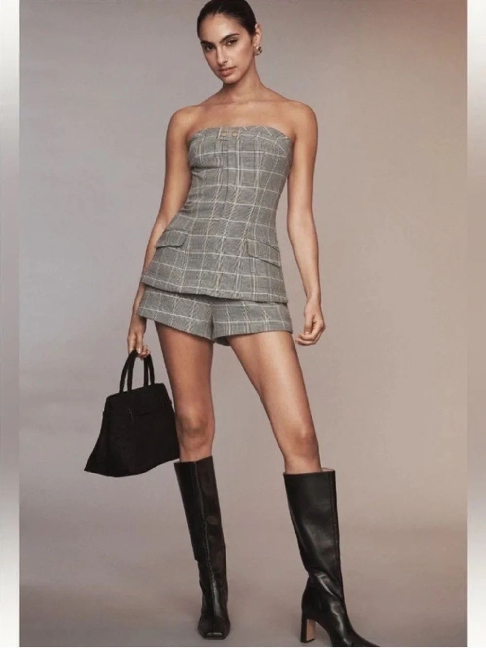 Anthropologie Maeve Strapless Plaid Romper Houndstooth Cargo Pockets Sz 4 MWT